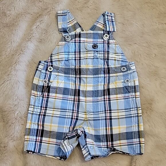 JANIE AND JACK YACHT CLUB BLUE PLAID SHORT OVERALLS, SIZE 3-6 MONTHS - Picture 1 of 6